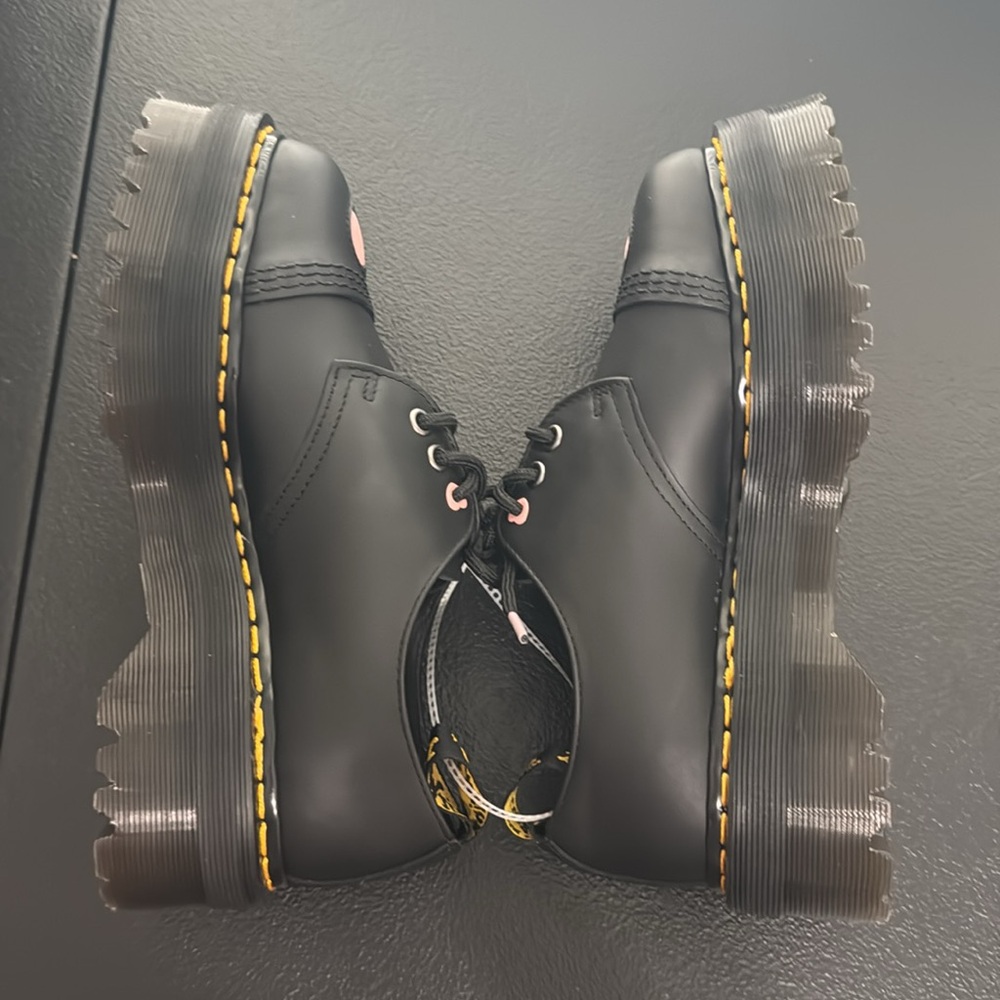 Dr. Martens Black Platform Oxfords with Pink Heart Accents - Picture 12 of 16
